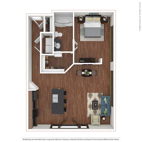 1x1 A2 a stylized floor plan with a bedroom and a living room
